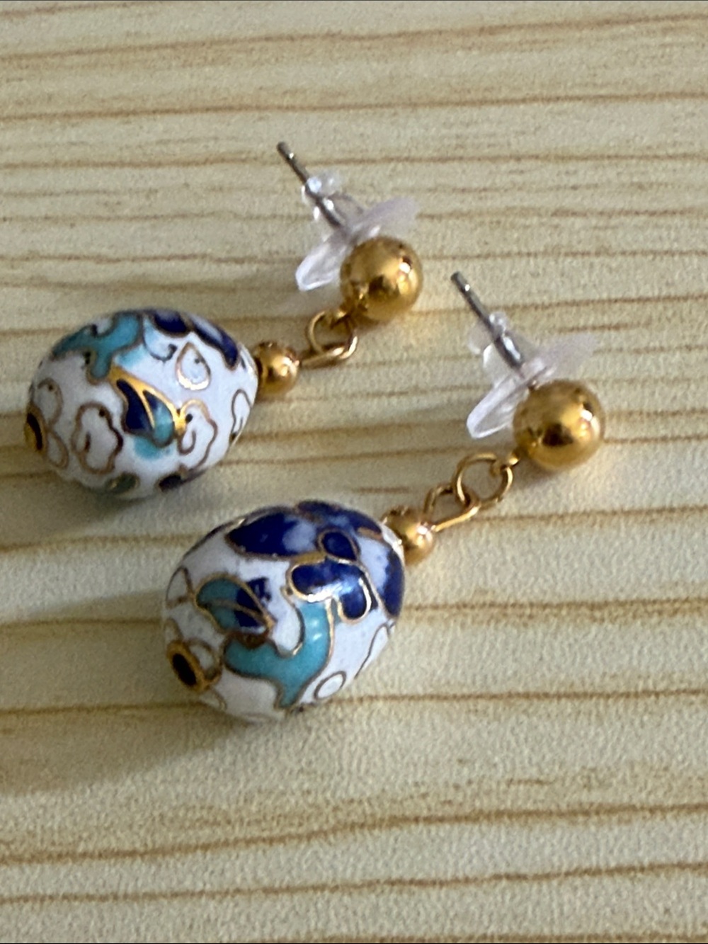 Gold Drop Earrings with Blue and Turquoise Cloisonné Beads